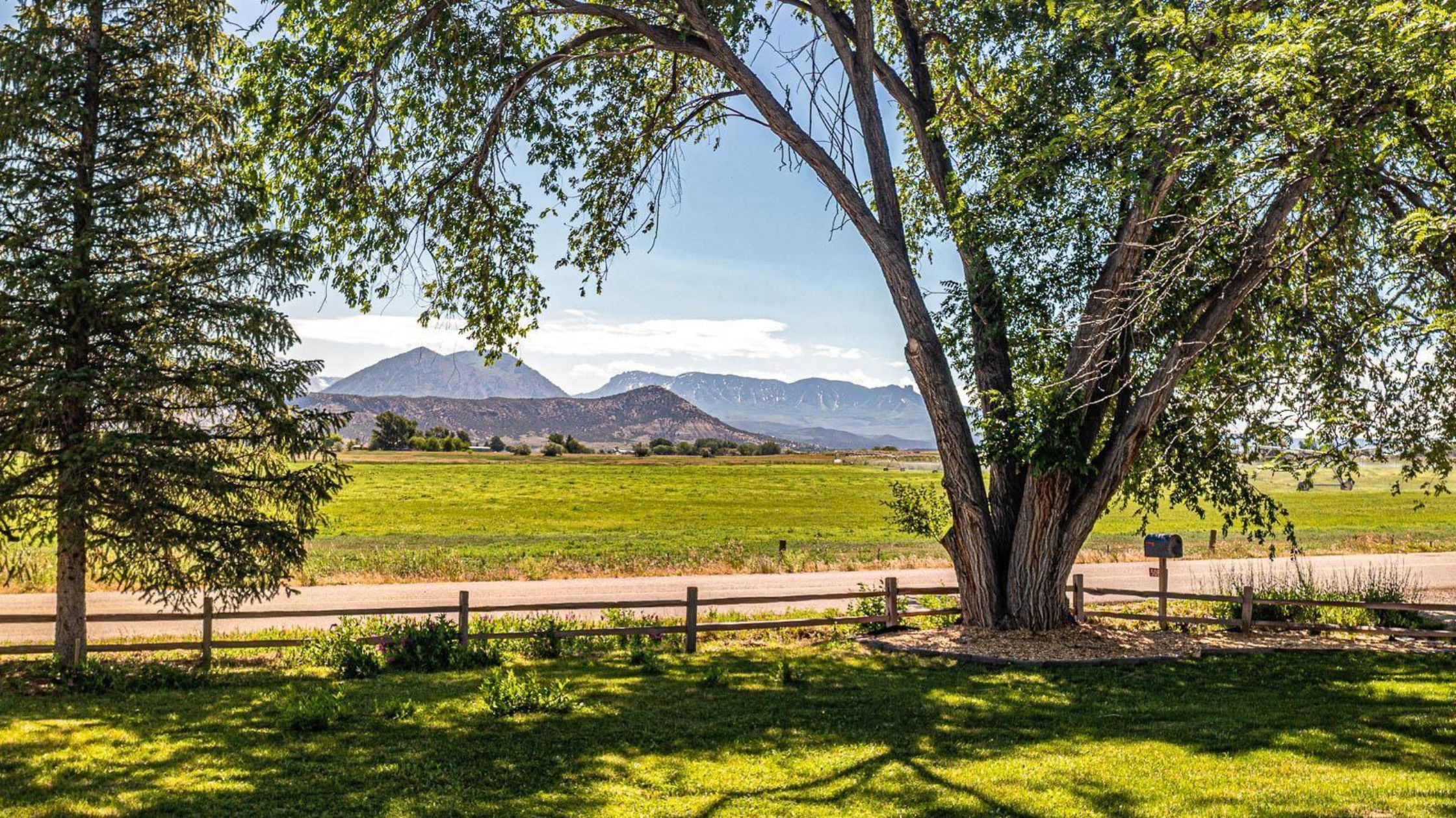 Scenic view of Western Colorado landscape with green fields, wooden fence, and tree in foreground framing distant mountains under a blue sky