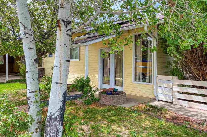 Historic ranch-style home in Hotchkiss, Colorado with yellow siding and white aspen trees in the front yard showcasing charming country living on Rogers Mesa.