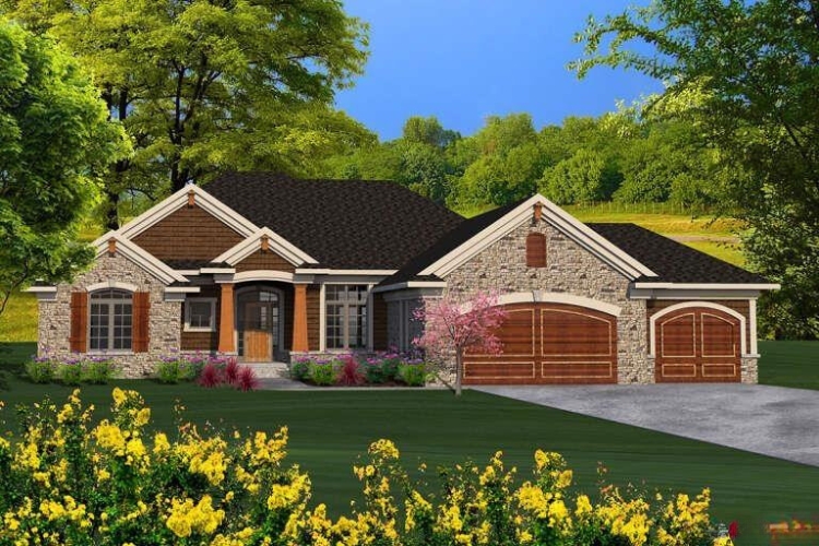 New construction craftsman house rendering with stone and wood exterior, three-car garage, expansive front porch, and landscaped yard with yellow flowering bushes in Cedaredge Colorado.